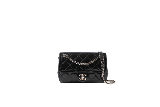 CHANEL SINGLE FLAP CLASSIC PATENT BLACK SILVER HARDWARE