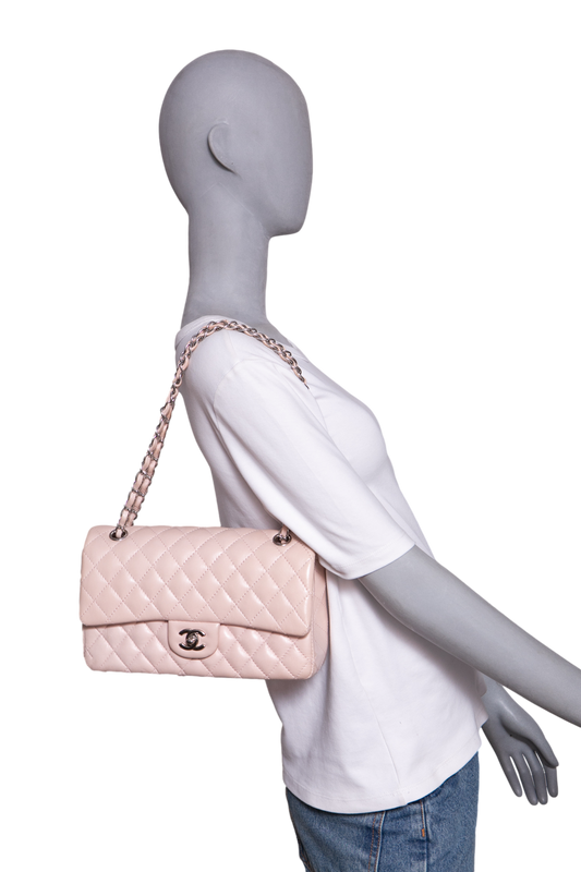 CHANEL CLASSIC DOUBLE FLAP LAMBSKIN ROSE-SILVER HDWR