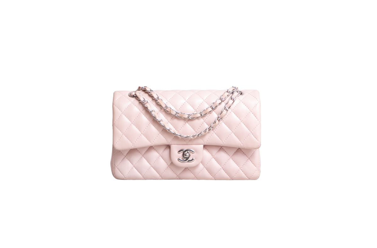 CHANEL CLASSIC DOUBLE FLAP LAMBSKIN ROSE-SILVER HDWR