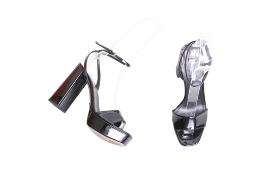 PRADA SANDAL HEELS BLACK PATENT ANKLE - 40 BR