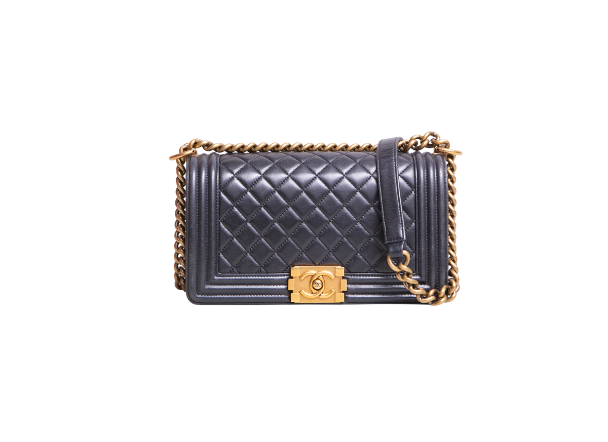 CHANEL BOY MEDIUM LAMBSKIN NAVY-GOLD HDWR