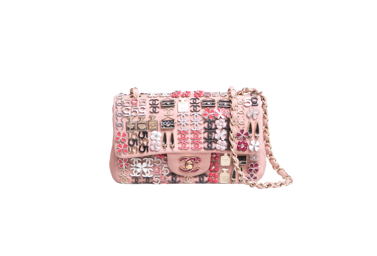 CHANEL CLASSIC ENAMEL SYMBOL CHARM JEWELED FLAP EMBROIDERED LIGHT PINK