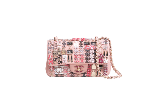 CHANEL CLASSIC ENAMEL SYMBOL CHARM JEWELED FLAP EMBROIDERED LIGHT PINK