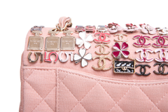 CHANEL CLASSIC ENAMEL SYMBOL CHARM JEWELED FLAP EMBROIDERED LIGHT PINK