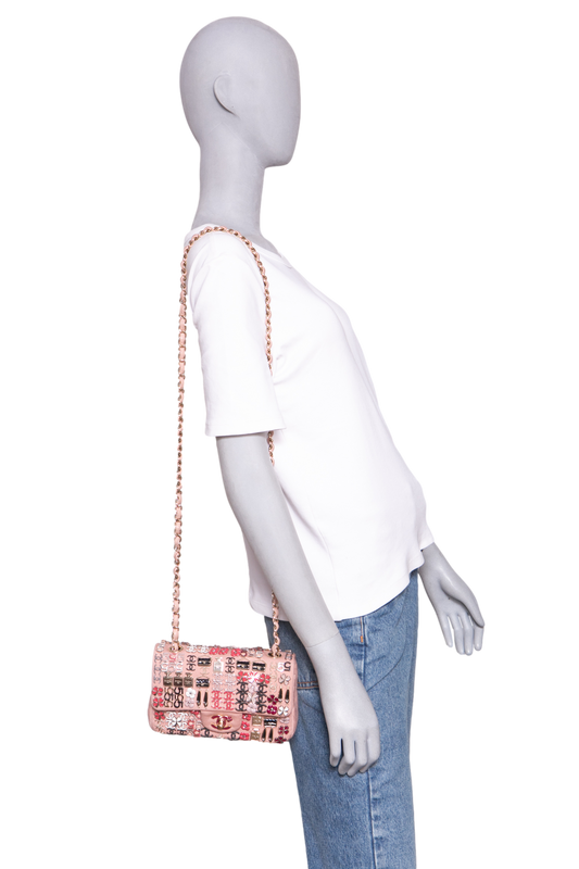 CHANEL CLASSIC ENAMEL SYMBOL CHARM JEWELED FLAP EMBROIDERED LIGHT PINK