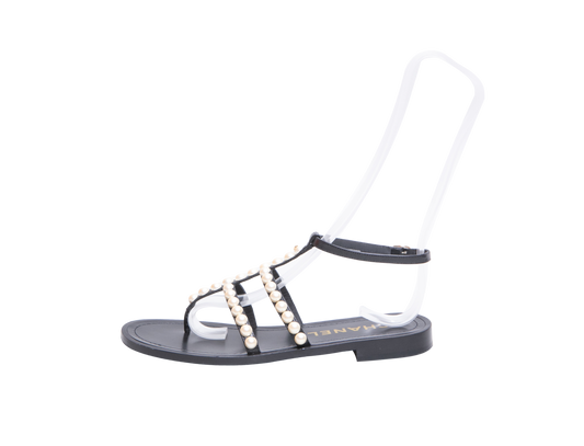 CHANEL THONG SANDALS GOATSKIN PEARL BLACK - 36 BR