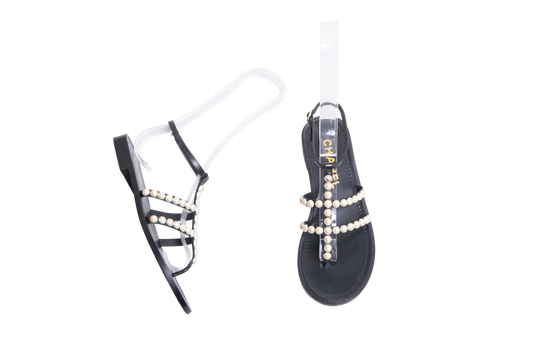 CHANEL THONG SANDALS GOATSKIN PEARL BLACK - 36 BR