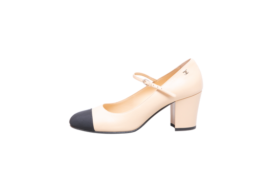 CHANEL CAP TOE MARY JANE MID HEEL STRAP PUMPS LAMBSKIN BLACK/BEIGE - 37 1/2 BR