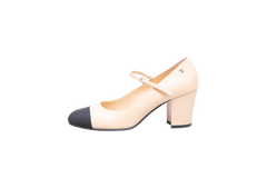 CHANEL CAP TOE MARY JANE MID HEEL STRAP PUMPS LAMBSKIN BLACK/BEIGE - 37 1/2 BR