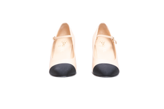 CHANEL CAP TOE MARY JANE MID HEEL STRAP PUMPS LAMBSKIN BLACK/BEIGE - 37 1/2 BR