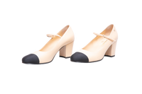 CHANEL CAP TOE MARY JANE MID HEEL STRAP PUMPS LAMBSKIN BLACK/BEIGE - 37 1/2 BR