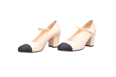 CHANEL CAP TOE MARY JANE MID HEEL STRAP PUMPS LAMBSKIN BLACK/BEIGE - 37 1/2 BR