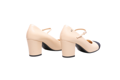 CHANEL CAP TOE MARY JANE MID HEEL STRAP PUMPS LAMBSKIN BLACK/BEIGE - 37 1/2 BR