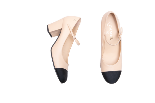 CHANEL CAP TOE MARY JANE MID HEEL STRAP PUMPS LAMBSKIN BLACK/BEIGE - 37 1/2 BR