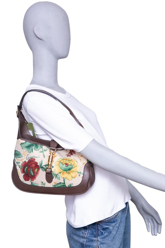GUCCI JACKIE 1961 SMALL FLORA EMBROIDERED CANVAS BROWN