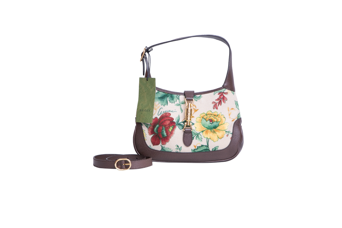 GUCCI JACKIE 1961 SMALL FLORA EMBROIDERED CANVAS BROWN