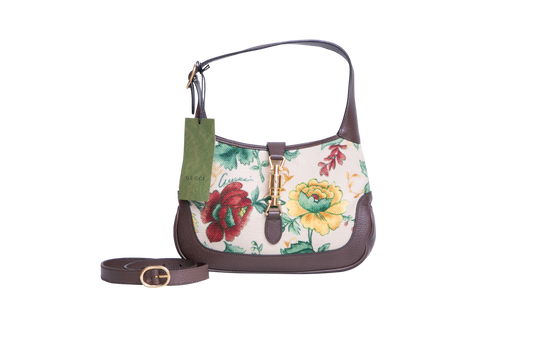 GUCCI JACKIE 1961 SMALL FLORA EMBROIDERED CANVAS BROWN