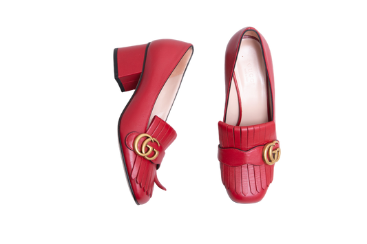 GUCCI BLOCK HEEL PUMPS RED FRINGE DETAIL - 35 BR