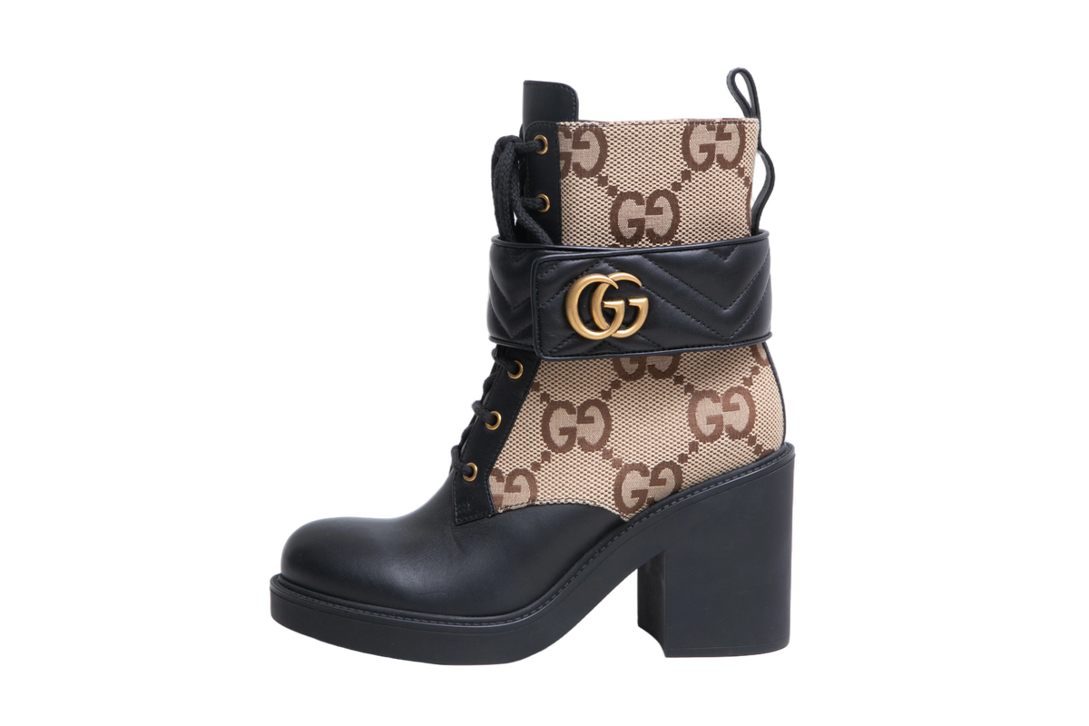 GUCCI ANKLE BOOTS LOGO-PLAQUE GG CANVAS - 38 BR