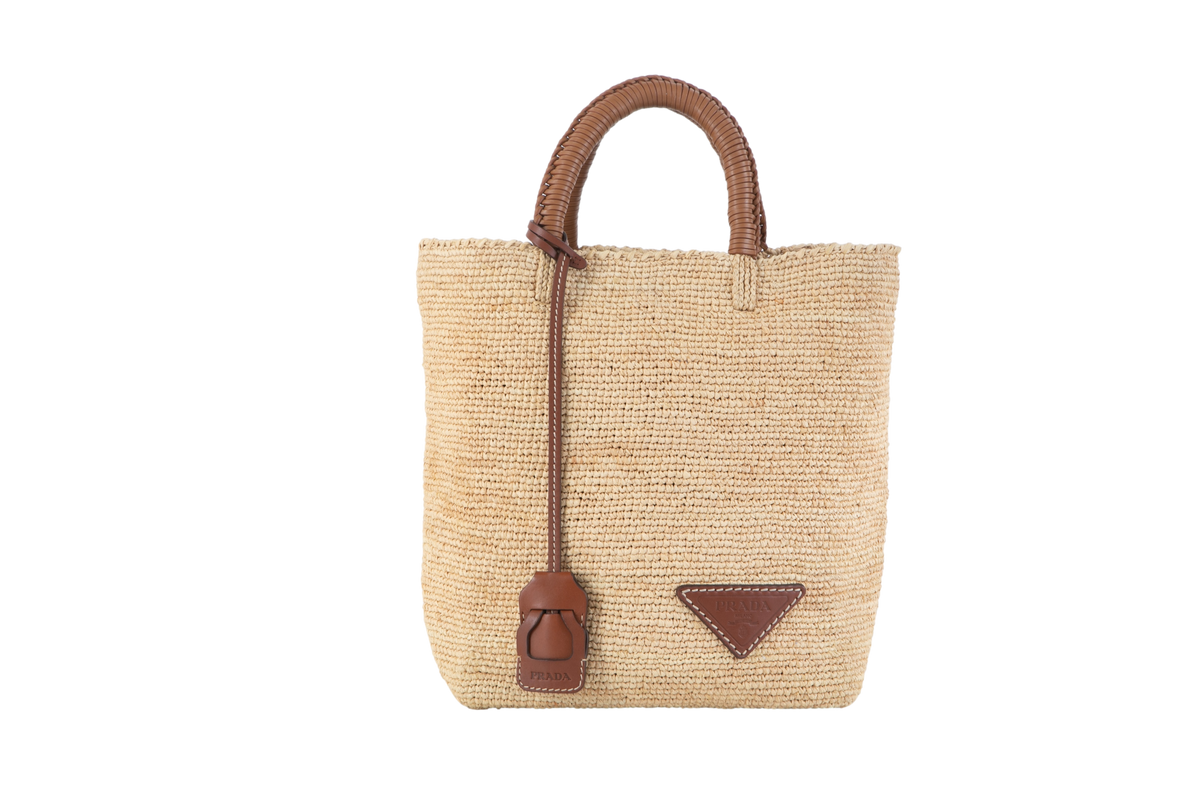 PRADA TOTE RAFFIA VITELLO CARAMELO