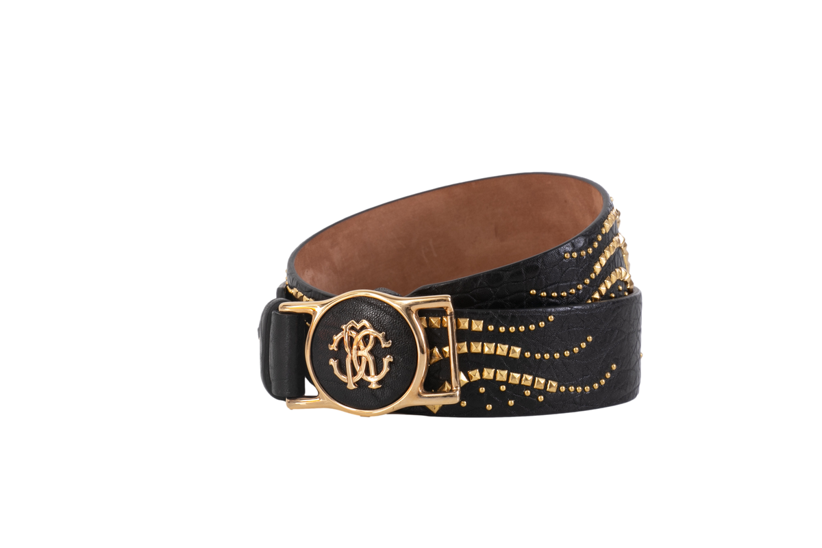 ROBERTO CAVALLI CINTO BLACK & STUDS GOLD