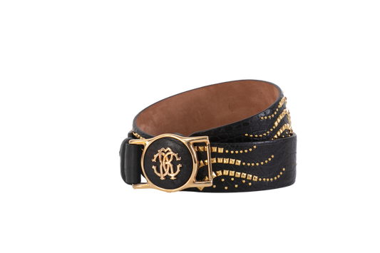 ROBERTO CAVALLI CINTO BLACK & STUDS GOLD