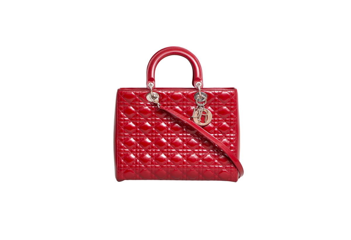 DIOR LADY DIOR LARGE CANNAGE PATENT DARK RED