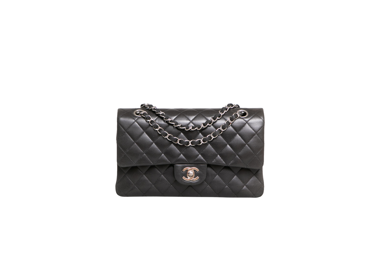 CHANEL CLASSIC DOUBLE FLAP MEDIUM LAMBSKIN BLACK -  SILVER HDWR