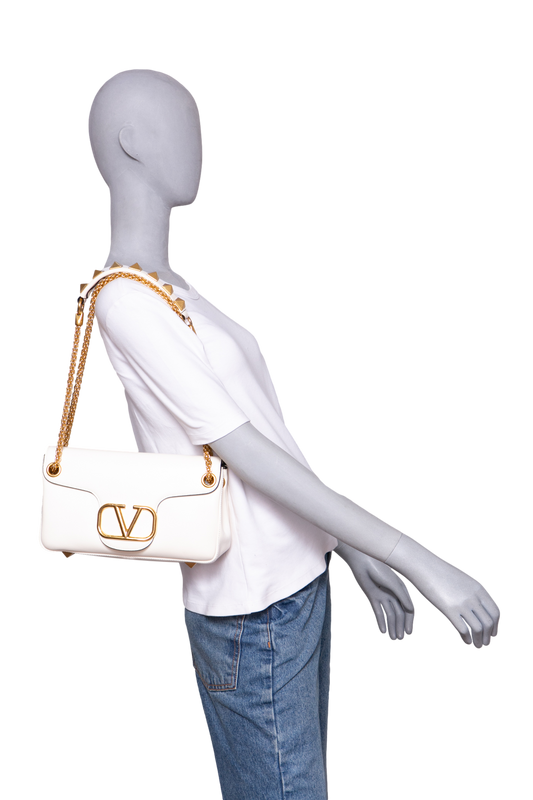VALENTINO STUD SIGN SHOULDER BAG LEATHER IVORY