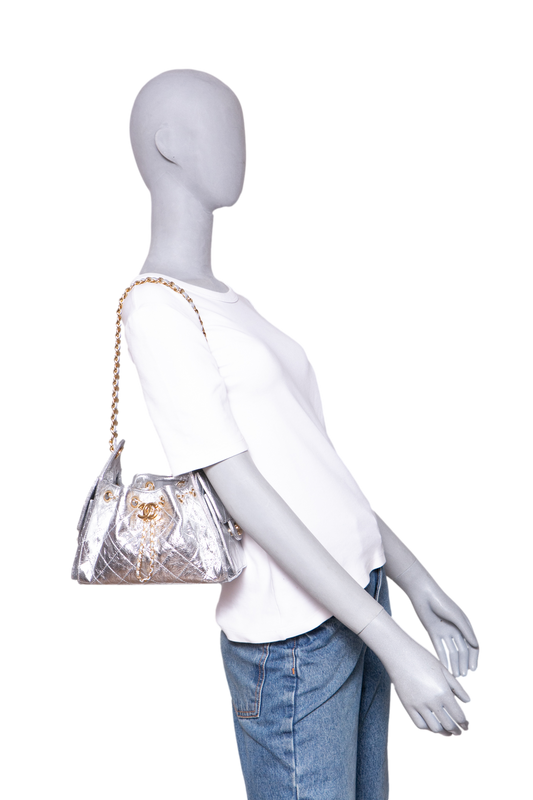 CHANEL 25 MINI METALLIC CALFSKIN & GOLD METAL SILVERY