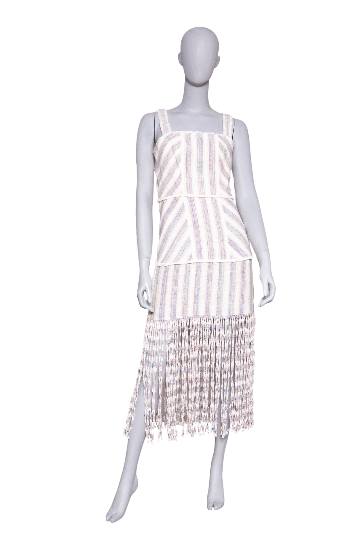 DESAPEGO FABI JUSTUS ALEXIS LIZZI FRINGED STRIPED SLUB CANVAS MAXI DRESS IN NEUTRAL