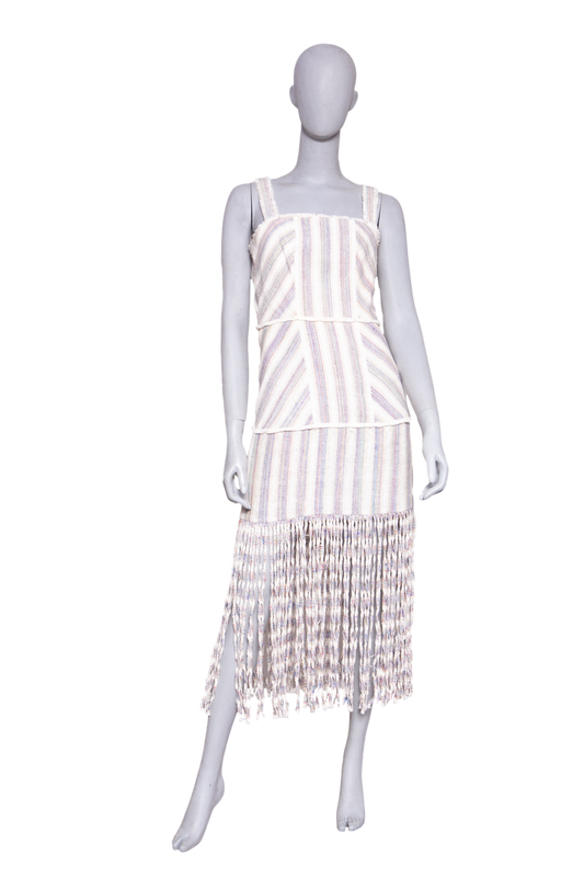 DESAPEGO FABI JUSTUS ALEXIS LIZZI FRINGED STRIPED SLUB CANVAS MAXI DRESS IN NEUTRAL