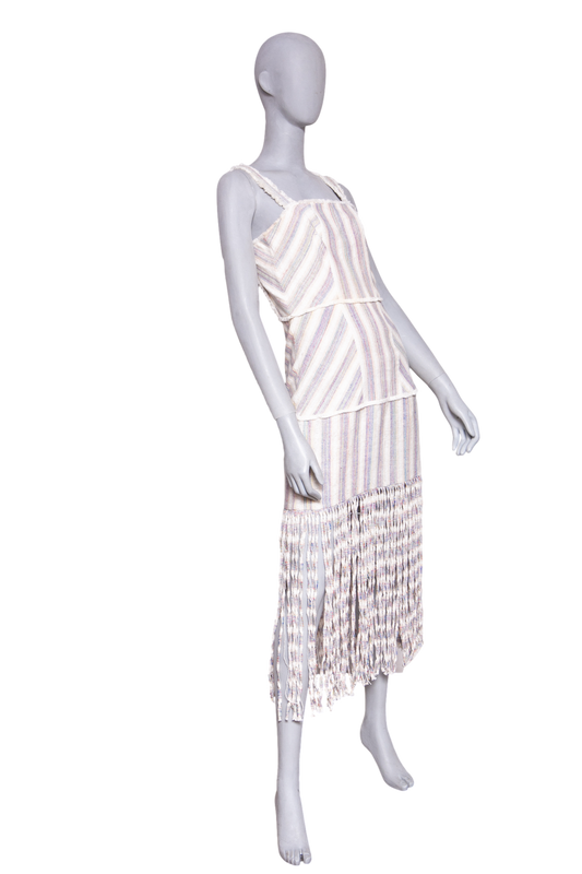 DESAPEGO FABI JUSTUS ALEXIS LIZZI FRINGED STRIPED SLUB CANVAS MAXI DRESS IN NEUTRAL