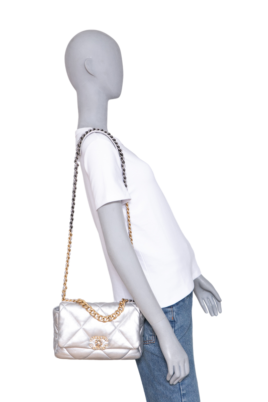 CHANEL 19 SMALL METALLIC GOATSKIN QUILTED SILVER TWO-TONE HDWR