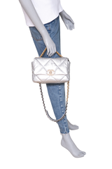 CHANEL 19 SMALL METALLIC GOATSKIN QUILTED SILVER TWO-TONE HDWR