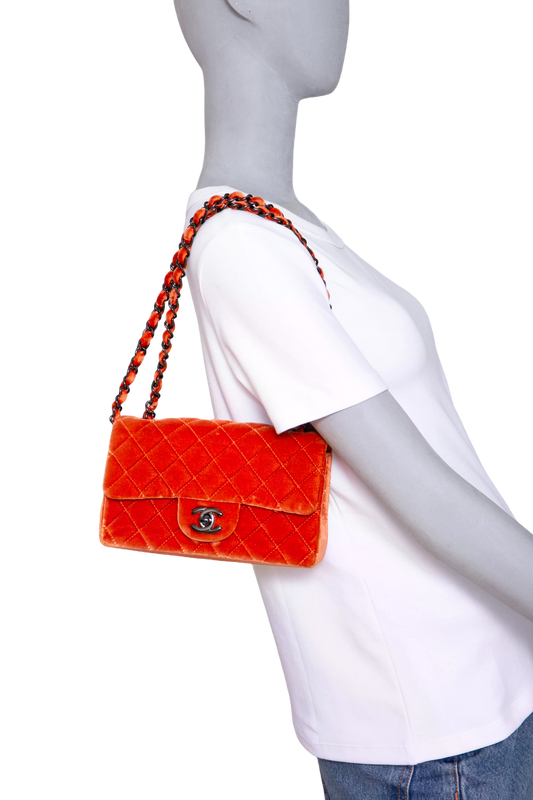 CHANEL MINI CLASSIC FLAP VELVET DARK ORANGE-BLACK HDWR