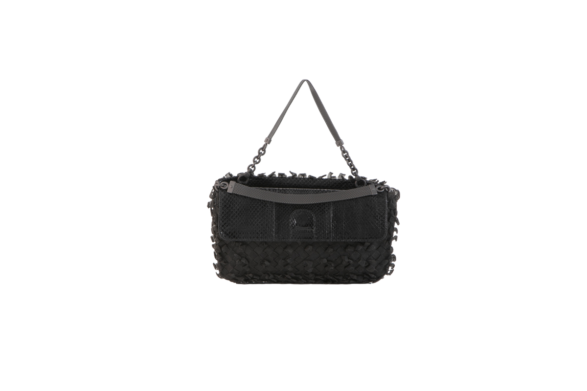 BOTTEGA HANDLE BAG PHYTON & STEEL MESH BLACK