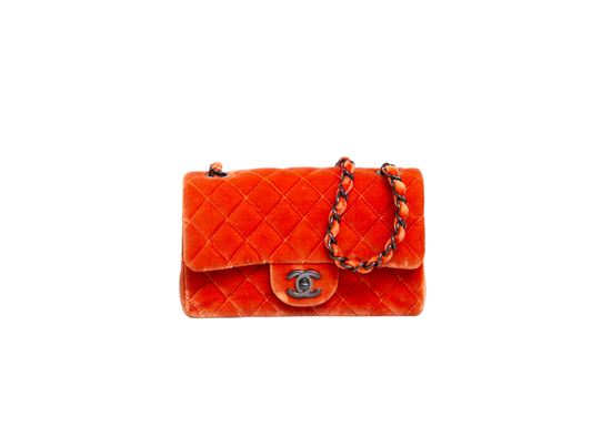 CHANEL MINI CLASSIC FLAP VELVET DARK ORANGE-BLACK HDWR