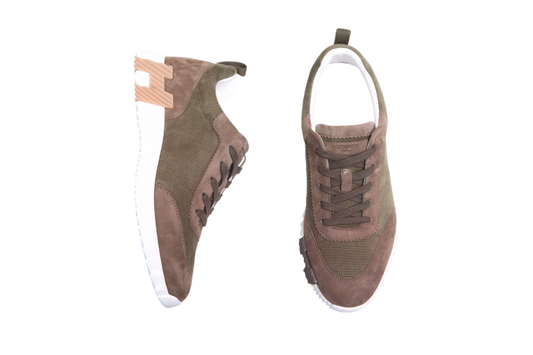 HERMÈS BOUNCING TENNIS SUEDE AND CORDUROY SNEAKER VERT TUNDRA - 41 BR