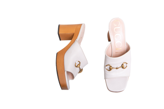 GUCCI HOUDAN BLOCK HEELS MULES WHITE - 37 BR