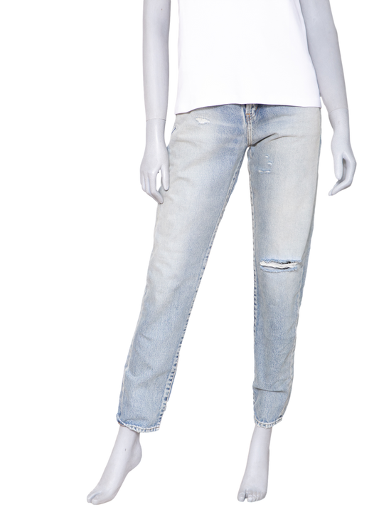 YSL LIGHT WASH DISTRESSED SLIM-FIT JEANS
