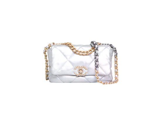 CHANEL 19 SMALL METALLIC GOATSKIN QUILTED SILVER TWO-TONE HDWR