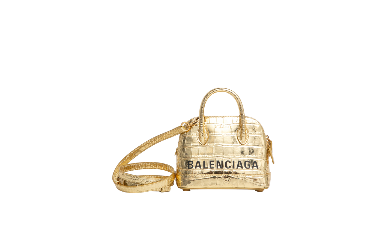 BALENCIAGA METALLIC GOLD CROC MINI VILLE