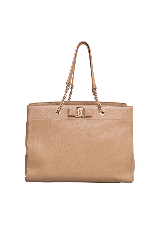 FERRAGAMO VARA BOW DOUBLE HANDLE TOTE BEIGE
