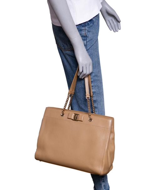 FERRAGAMO VARA BOW DOUBLE HANDLE TOTE BEIGE