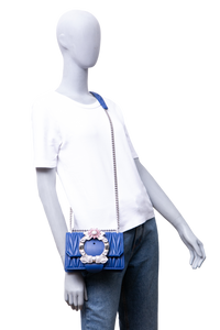 MIU MIU LADY CRYSTAL EMBELLISHED BLUE MATELASSÉ LEATHER SHOULDER BAG