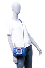 MIU MIU LADY CRYSTAL EMBELLISHED BLUE MATELASSÉ LEATHER SHOULDER BAG