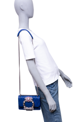 MIU MIU LADY CRYSTAL EMBELLISHED BLUE MATELASSÉ LEATHER SHOULDER BAG