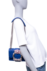 MIU MIU LADY CRYSTAL EMBELLISHED BLUE MATELASSÉ LEATHER SHOULDER BAG