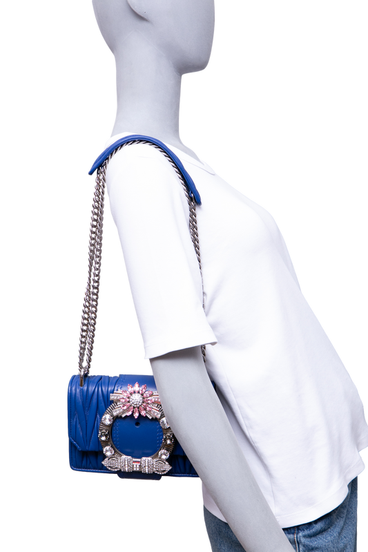 MIU MIU LADY CRYSTAL EMBELLISHED BLUE MATELASSÉ LEATHER SHOULDER BAG